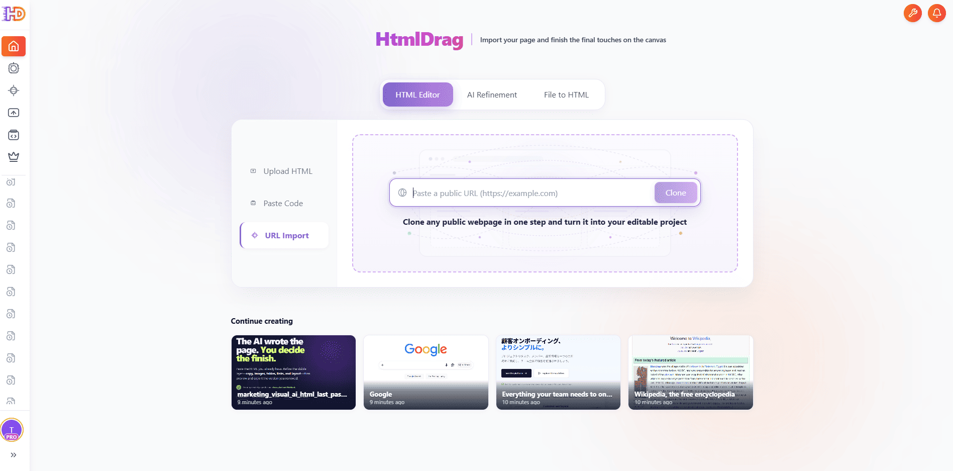 Вход «Клонировать сайт» в HTML Editor на главной странице