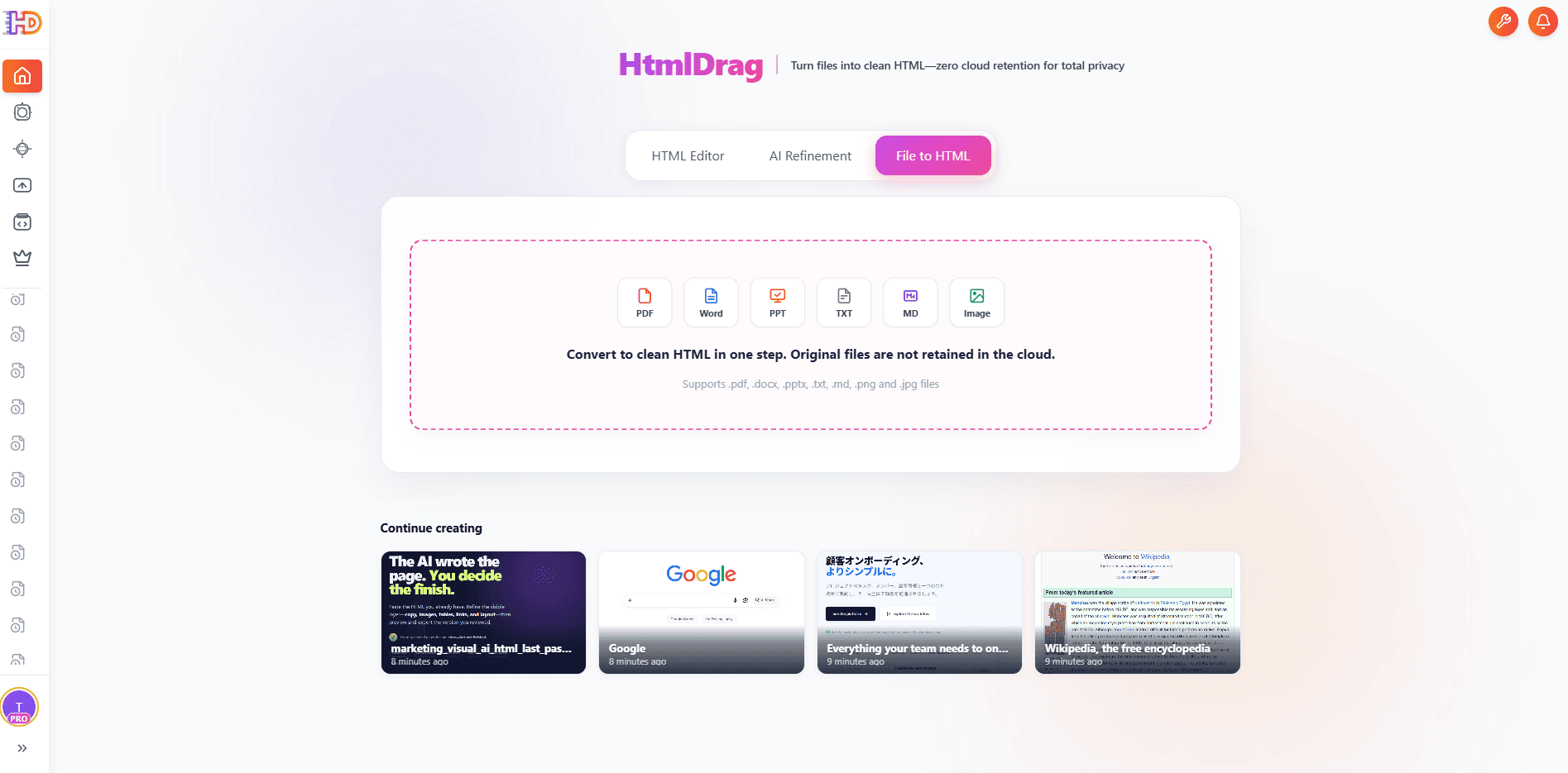 Вход HtmlDrag «Файл в HTML» для создания редактируемой страницы