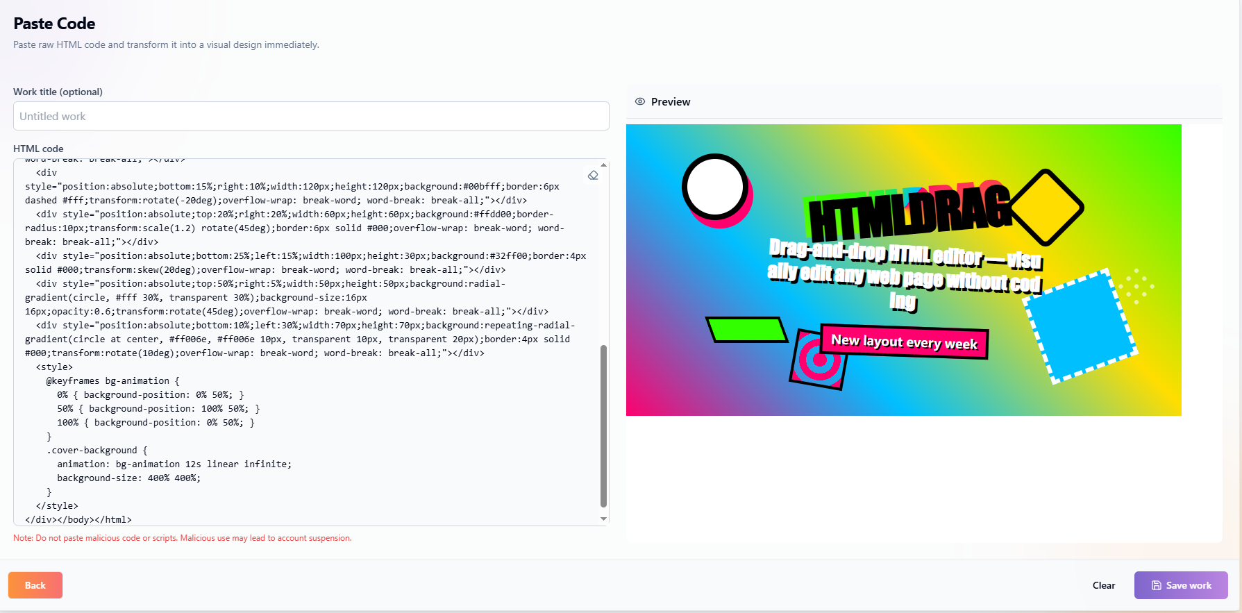 Capture d'écran de la fonctionnalité Coller du code