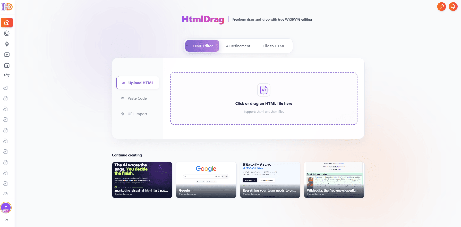 HtmlDrag Upload HTML entry for importing an existing HTML file