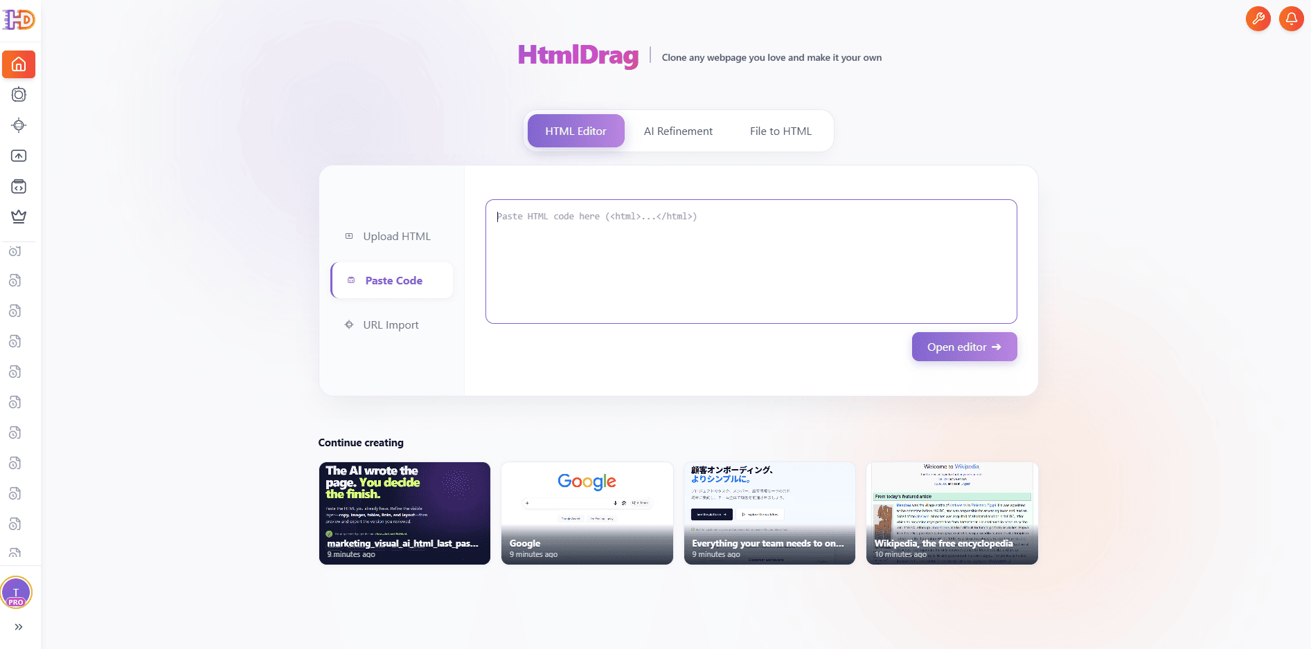 HtmlDrag Paste Code entry for importing HTML source code