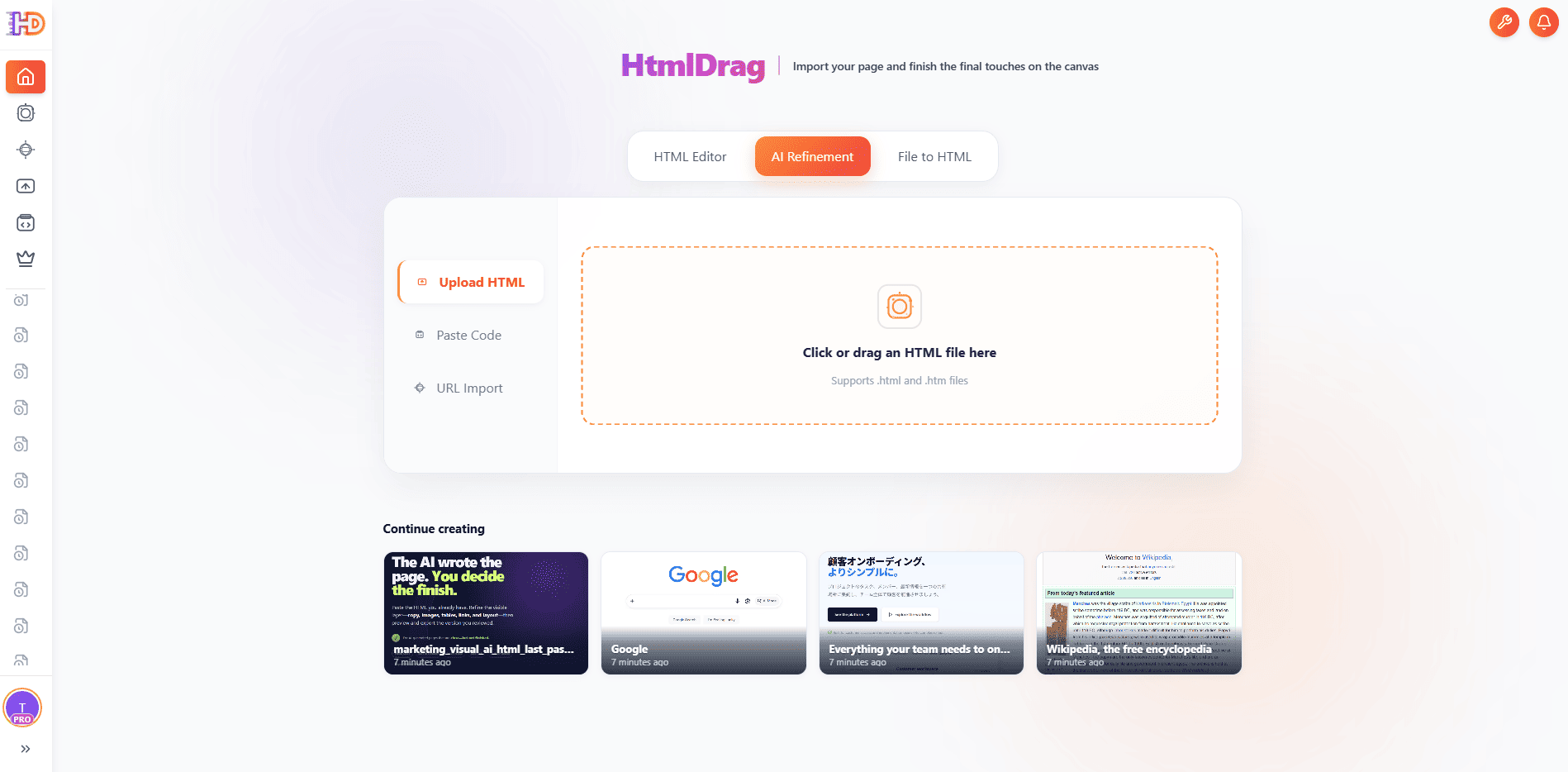 HtmlDrag AI Refinement entry for uploading an existing HTML page