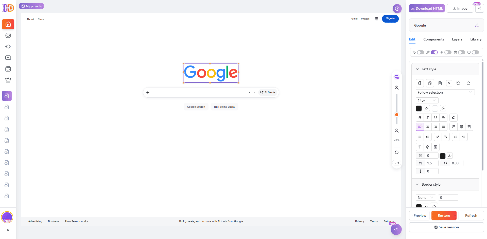 HtmlDrag visual editor workspace with a selected element and right-side controls