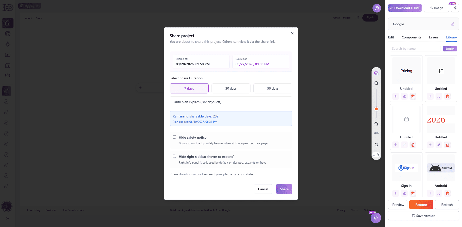 HtmlDrag Share project dialog with duration and display options