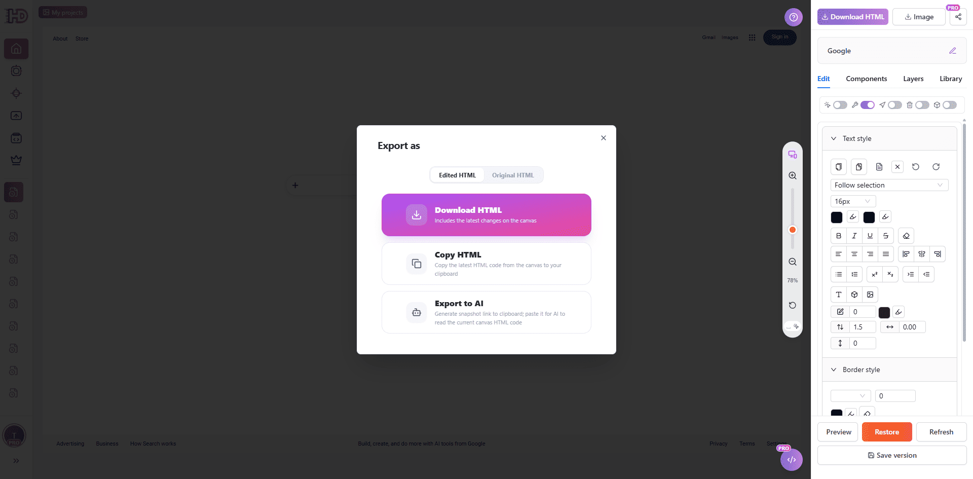 HtmlDrag Export as dialog with edited HTML, original HTML, copy, and AI export options