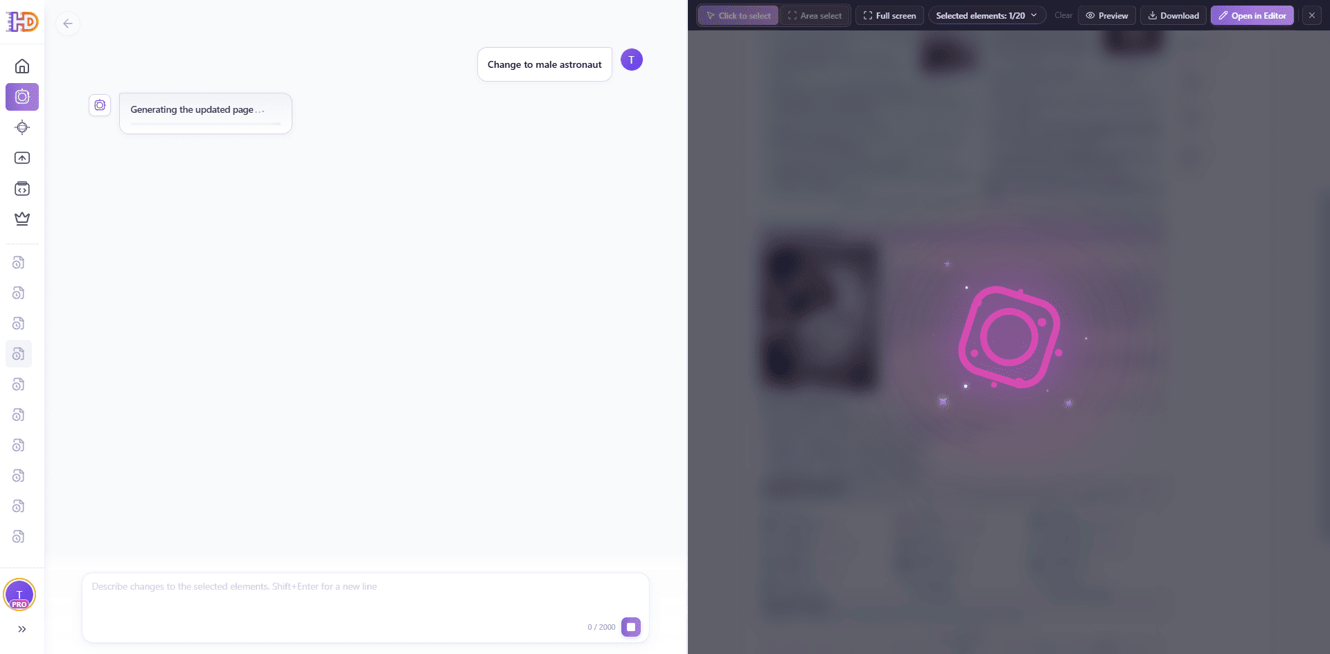 HtmlDrag AI Refinement workspace while the updated page is generating