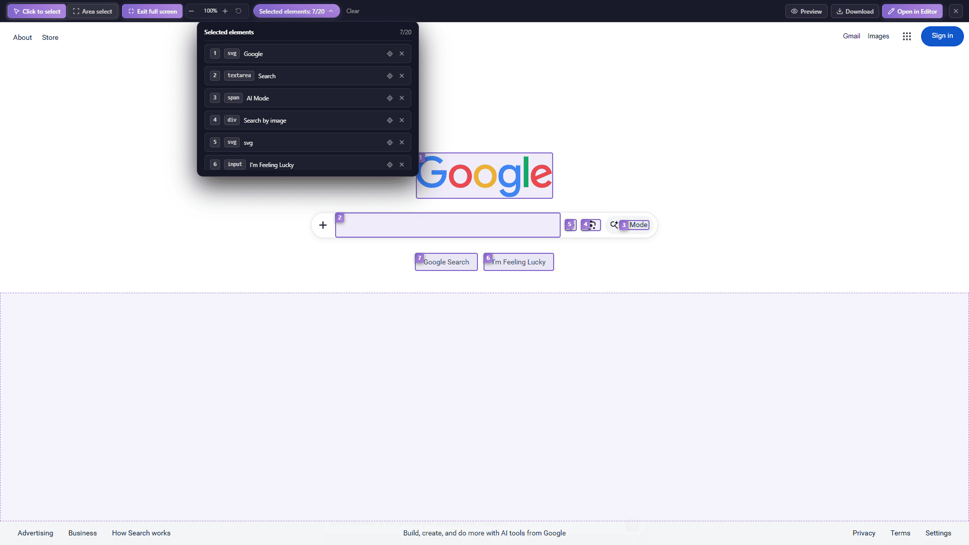 HtmlDrag fullscreen selection workspace for reviewing a page before editing