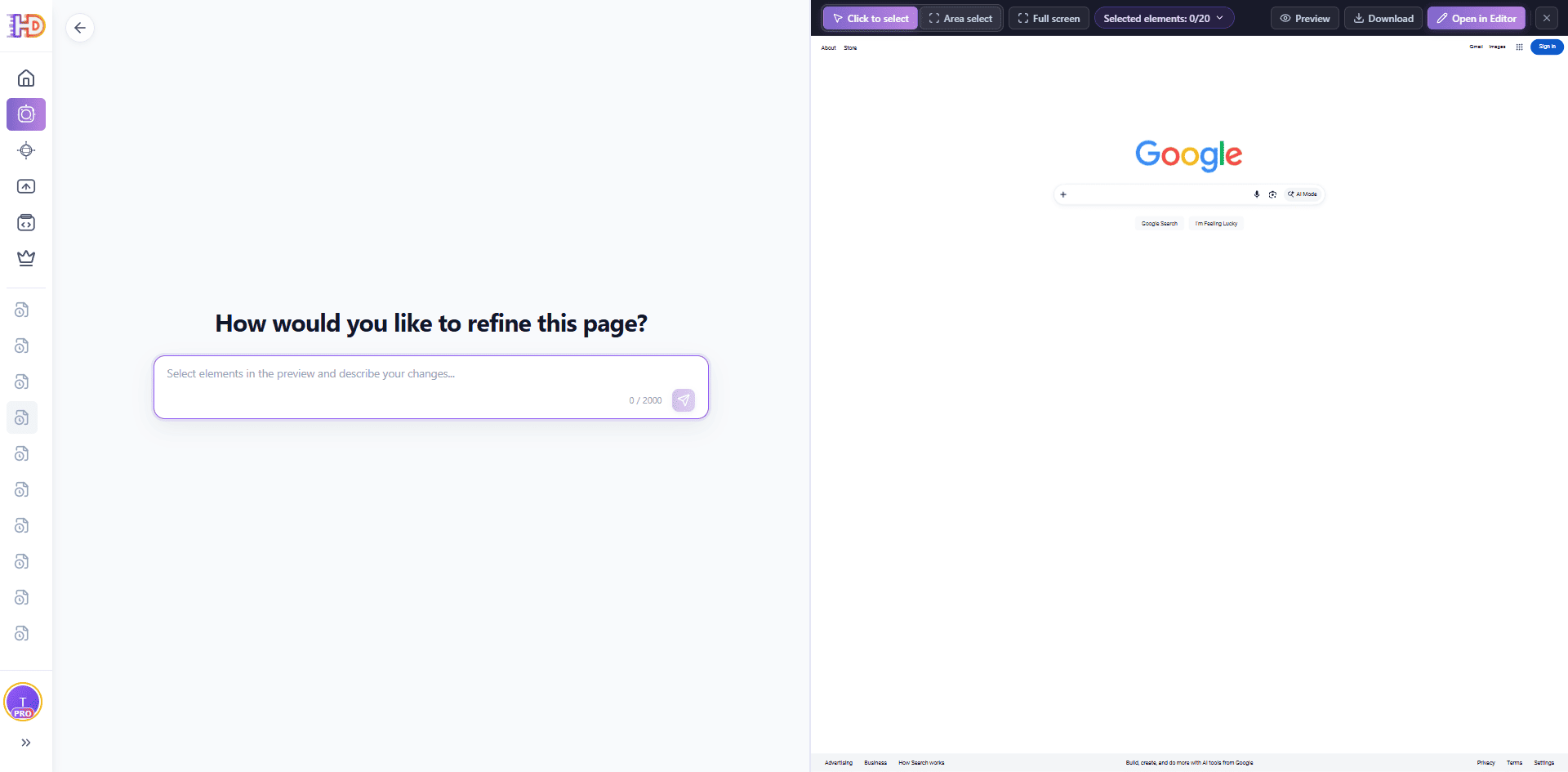 HtmlDrag AI Refinement with selected page elements marked for editing