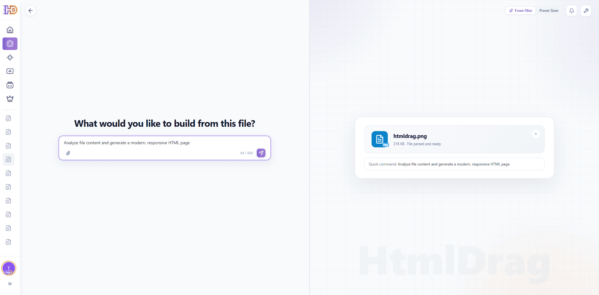 HtmlDrag File to HTML workspace with an uploaded source file and generation instruction