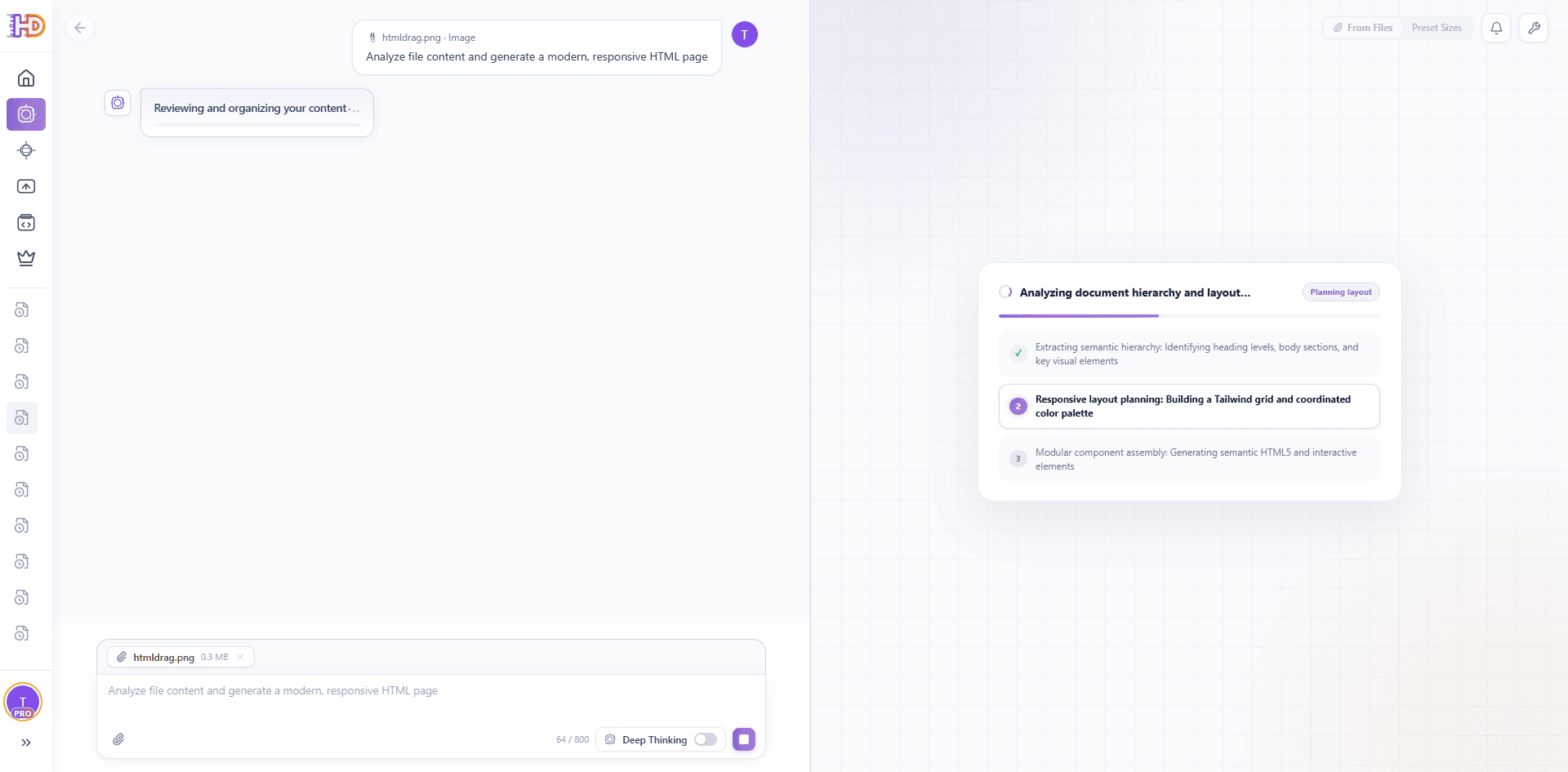 HtmlDrag File to HTML workspace while analyzing document hierarchy and layout