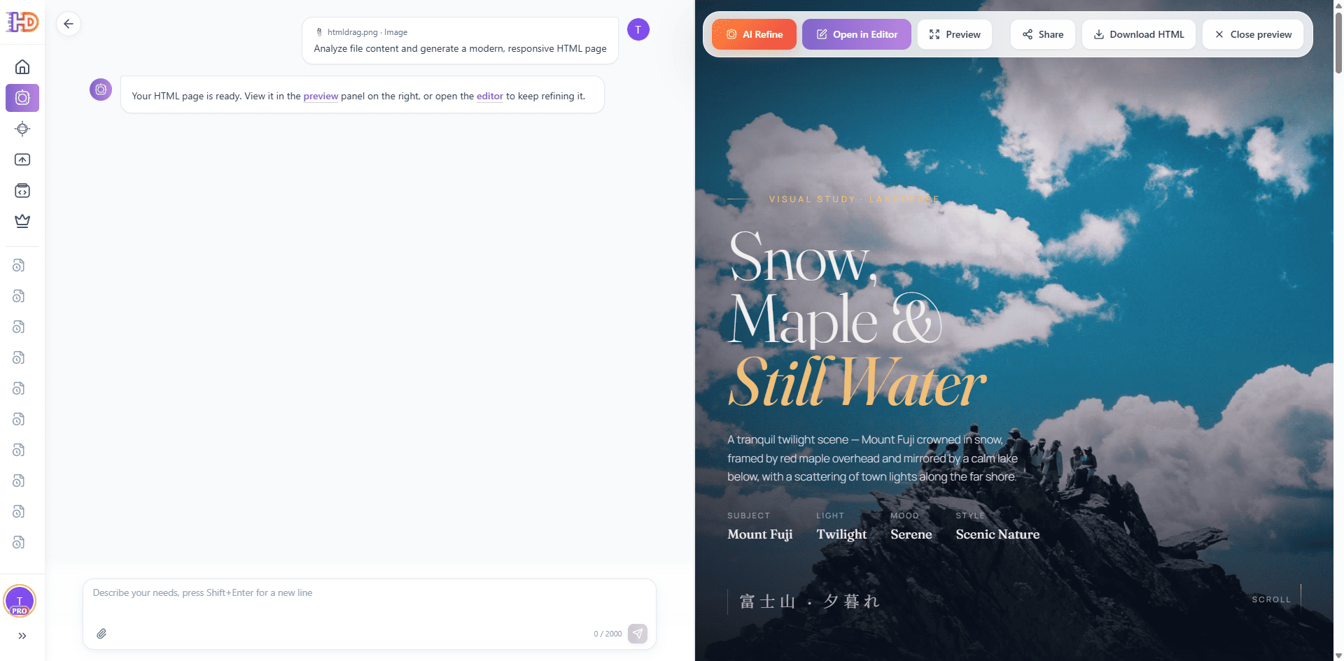 HtmlDrag File to HTML completed result with refine, editor, share, and download actions